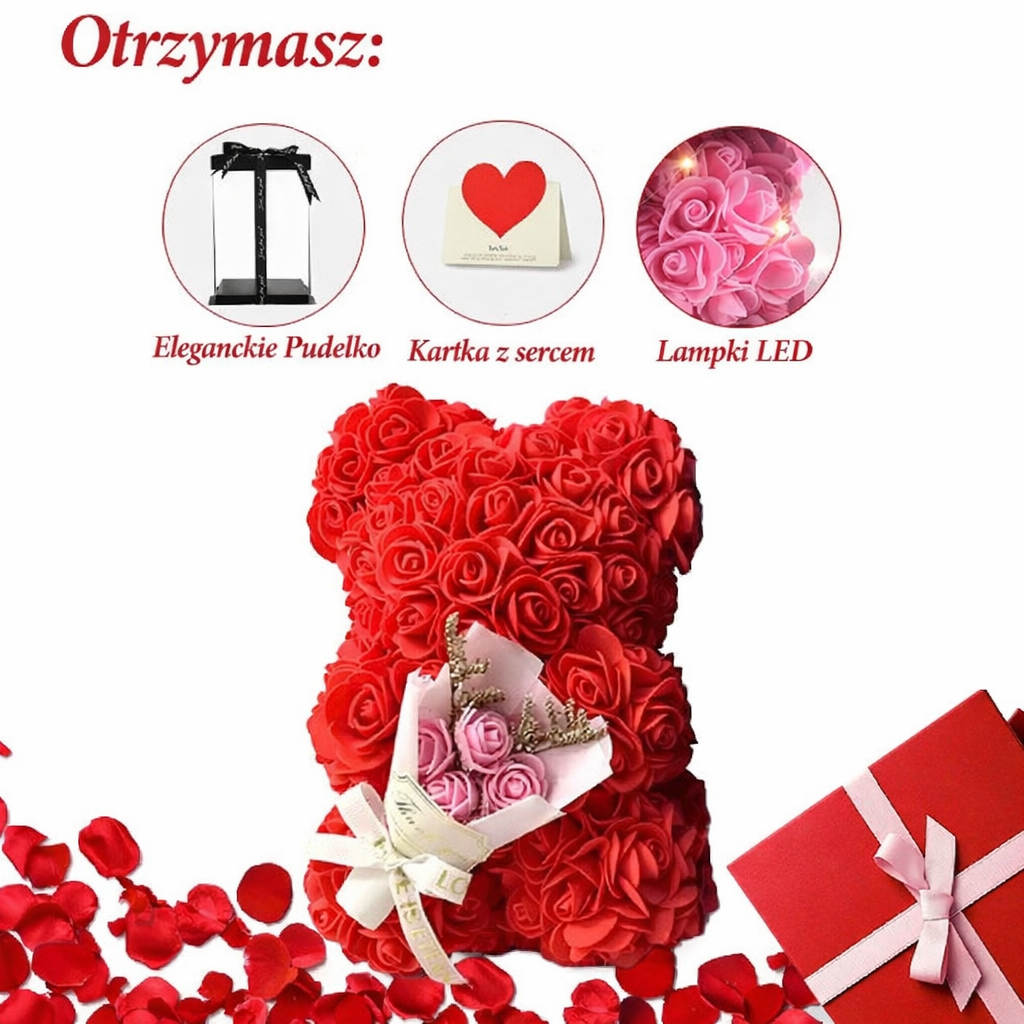 Różowy Miś z Kwiatów z Podświetleniem LED