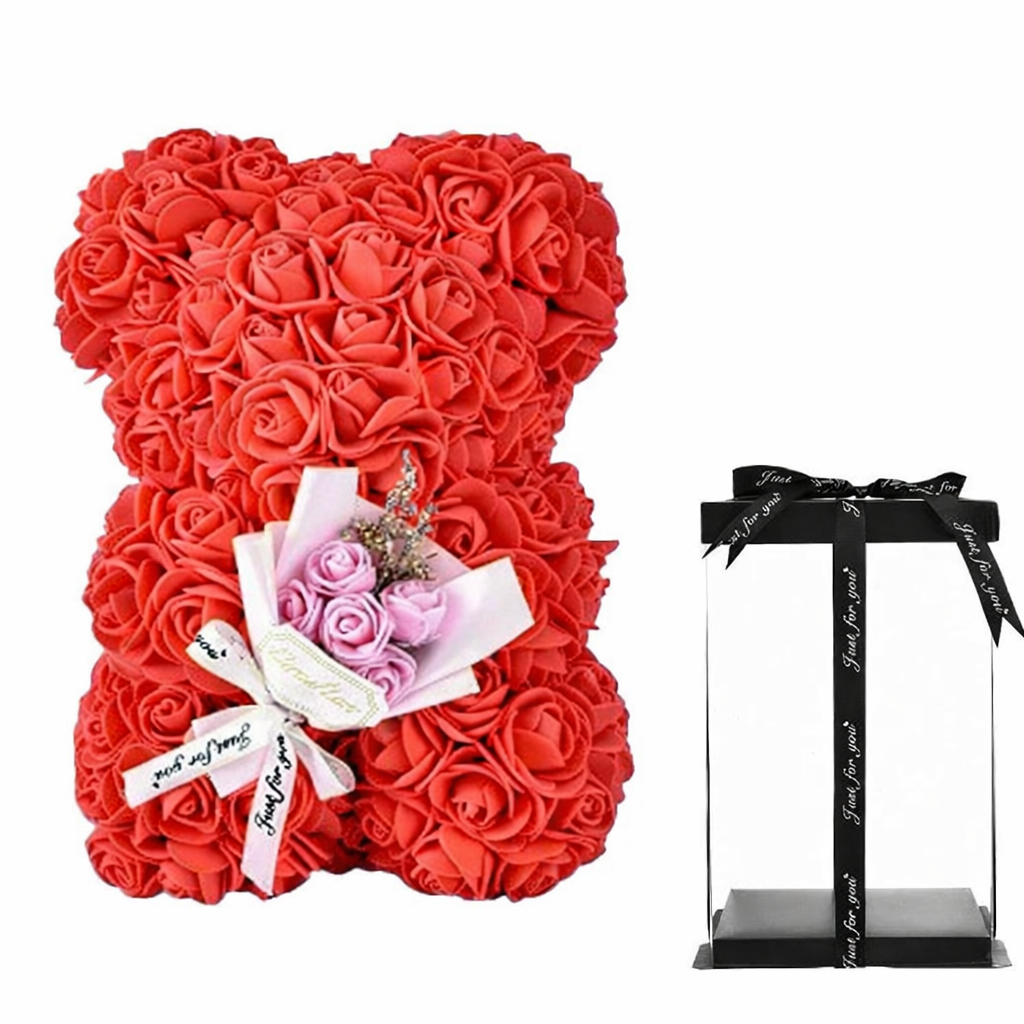 Czerwony Miś z Kwiatów z Podświetleniem LED